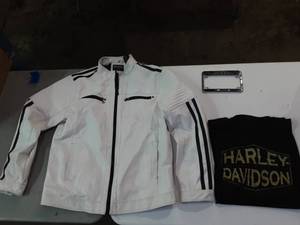 lot 52 image: Distortion Biker Jacket Size XL, Harley Davidson T-Shirt Size L,  HD License Plate Frame