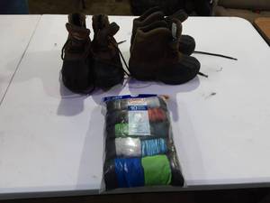lot 58 image: 2-Pair Youth Size 1 Boots, 1-New Pkg Boxer Briefs Size Small 67