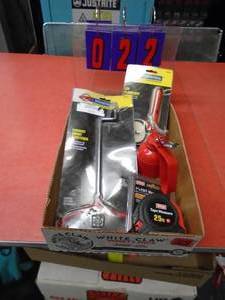 Flat with tape measure, oil can, flashlight, hooks. As shown.