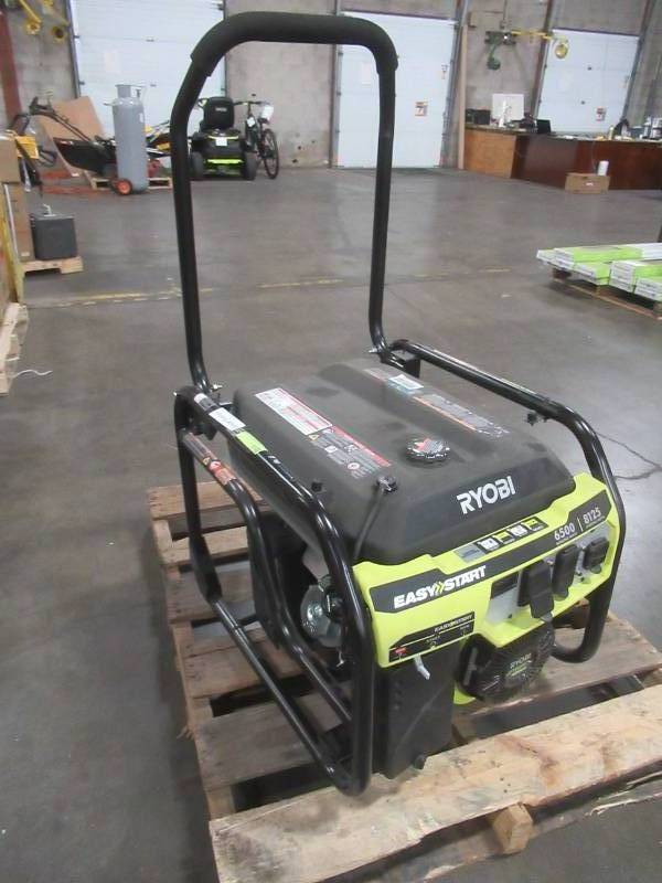 lot 8 image: Ryobi 6,500-Watt Gasoline Powered Portable Generator with CO Shutdown Sensor, RY906500S - StartsRuns Well - Missing 1 Wheel..