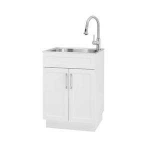 lot 344 image: Glacier Bay Stainless Steel Laundry Sink with Faucet and Storage Cabinet Model 1521US-24-262