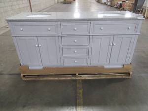 lot 403 image: Fremont 72 in. W x 22 in. D Double Vanity in Grey with Granite Vanity Top in Grey with White Basin - Broken Corner on Top.