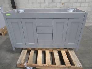 lot 405 image: Westcourt 61 in. W Bath Vanity in Sterling Gray - Cabinet only, no top. Includes 2 mirrors.