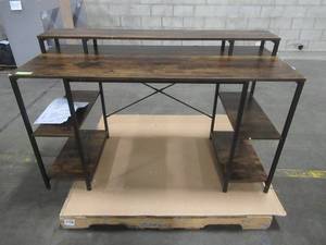 lot 406 image: Nost & Host 55 Inch Dual Monitor Desk, Computer Desk with Monitor Shelf and Storage Shelves , Rustic Brown - Front Corner Dings.