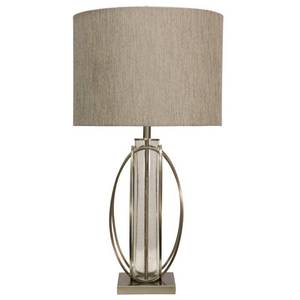 lot 353 image: Stylecraft 34 in. Brushed Steel Table Lamp with Taupe Hardback Fabric Shade Model L311893DS (Shade Damaged Easy Repair)