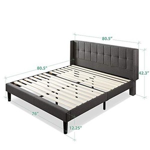 lot 445 image: Zinus Dori Upholstered Square Stitched Wingback Platform Bed , King, Gray, FSSW-K.