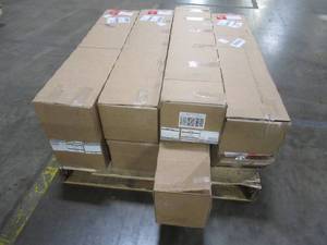lot 417 image: Pallet of Custom Calyx Interiors Snow White Cordless 2-inch Faux Wood Blinds with Royal Valance. Various SizesQuantity.