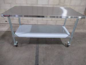 lot 420 image: DuraSteel Stainless Steel Work Table 30 x 60 x 34 Height w 4 Caster Wheels - Food Prep Commercial Grade Worktable - NSF Certified - Good for Restaurant, Business, Warehouse, Home, Kitchen, Garage - Scratch and Dent.