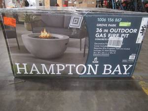 lot 433 image: Hampton Bay Grove Park 36 in. x 18 in. Round Concrete Look Propane Gas Fire Pit - Crack Along Top Rim of Pit - Did not see Fire Glass.