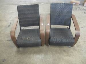 Pair of Matching Wicker Outdoor Chairs - Metal Frames - Fraying on Seats.