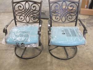 Pair of Matching Blue Cushioned Outdoor Swivel Chairs - NEW