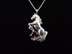 .925 Sterling Silver Oval Cut Garnet Horse Pendant Necklace