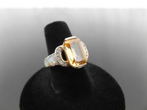 .925 Sterling Silver Emerald Cut Citrine Crystal Opal Shoulder Vermeil Ring Size 7