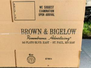 lot 96 image: Lot of 25 Brown and Bigelow Branded Corrugated Shipping Boxes
