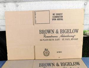 lot 97 image: Lot of 23 Brown and Bigelow Branded Corrugated Shipping Boxes