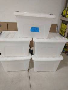 IRIS 17 Qt. Stack and Pull Nesting Storage Tote, with Black Latching Clips, in White, (5 Pack)