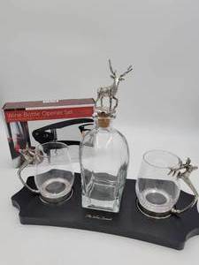STAG DECANTER SET WITH 2 STAG GLASSES AND WINE BOTTLE OPENER SET