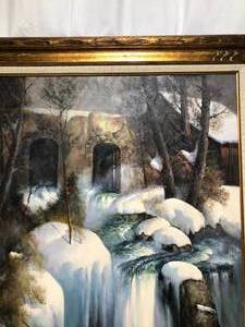lot 1 image: Signed Oil on Canvas - Large Winter Waterfall