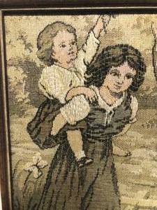 lot 65 image: Framed Tapestry of Woman with Child and Dog