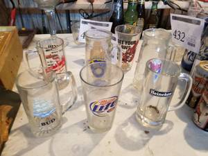 Lot of (7) Collectible Glasses  - Bud, Miller Lite, Heineken, Twins, Milwaukee Brewers, Mug o Nuts, Leinenkugels, Get Your Claws Off My Bud