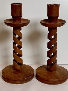 lot 69 image: Handcrafted Wooden Tray & Pair of Wood Spiraled Candle Holders