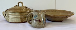 lot 37 image: Three Pieces of Pottery including a Lidded Handle Container