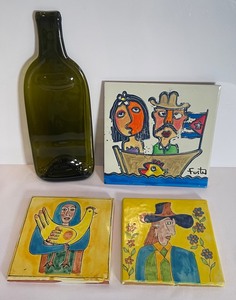 lot 153 image: Decorative Painted Tiles and Flattened Wine Bottle Spoon Rest