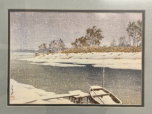 lot 328 image: Framed Woodblock Print Snow at Koshigaya Woodblock Print by Kawase Hasui