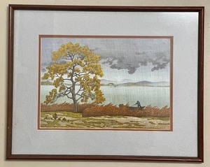 lot 309 image: Japanese Woodblock Print Rain on the Lake Shore at Matsue by Kawase Hasui