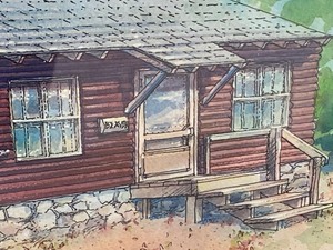 lot 453 image: Framed Watercolor Painting of Beaver Cabin Camp Widjiwagon