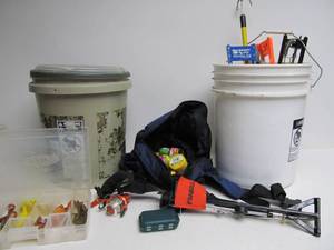 lot 124 image: Lot of Ice Fishing Tip-Ups Lures Bait etc