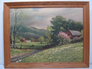 lot 156 image: Vintage Robert Wood Early Spring Country Home Scene Framed Print on Canvas