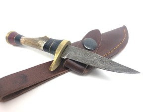 lot 137 image: Very Cool Small Custom Made Antler Handle Knife wDamascus Steel Blade