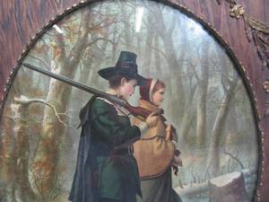 lot 268 image: Ornately Framed Antique Full Color Lithograph - John Alden & Priscilla Mullins