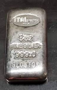 5 TROY OZ .999 FINE SILVER BAR WITH CERT. ITALY