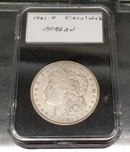 GROUP OF 3 US DOLLARS 1921-D MORGAN 1977-D IKE 2017 SILVER EAGLE ANTIQUED