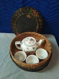 Vintage Wicker Basket With Tea Set