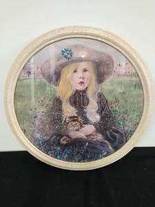 Vintage Round Print of Girl with Cat