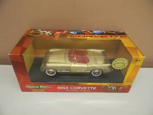 lot 17 image: AMERICAN MUSCLE  ERTL 50TH ANNIVERSARY COLLECTION LIMITED EDITION - 118 SCALE 1953 CORVETTE BRUSHED GOLD - AWESOME GREAT PIECE - NEW IN BOX - SEE PICTURES