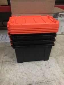 Unbranded 21 Qt. Stackble Storage Tote, with Heavy-duty Orange Buckles Lid, in Black, (4 Pack)