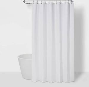 Threshold White Textured Shower Curtain and Teal Rug