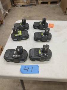 lot 41 image: LOT OF 6 RYOBI LITHIUM 18V BATTERYS