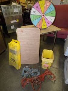 lot 19 image: Drop Leaf Table, Game Spinner, Extension cords, Wet Floor Signs