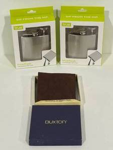 lot 35 image: Leather Wallet and Flasks