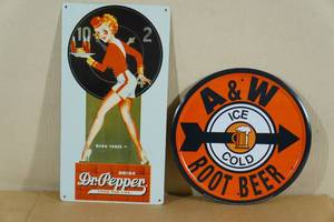 lot 70 image: 2 Tin Reproduction Signs - A&W, Dr Pepper
