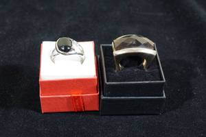 lot 6 image: 2 Silver Tone Rings - Dark Stones
