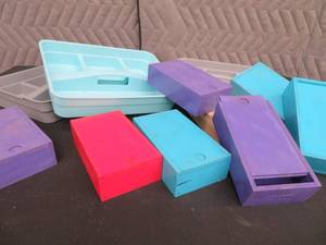 lot 94 image: 8 WOODEN BOXES SLIDE TOPS.  3 NEW UTILITY TOTES