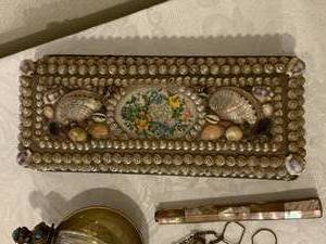 lot 37 image: Shell Art Box with Perfume Bottles and Brass Dish
