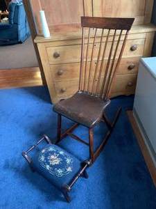 lot 88 image: Antique Rocking Chair and Needlepoint Footstool