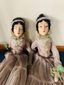 lot 120 image: Tall lady dolls with papermache heads, fabric bodies